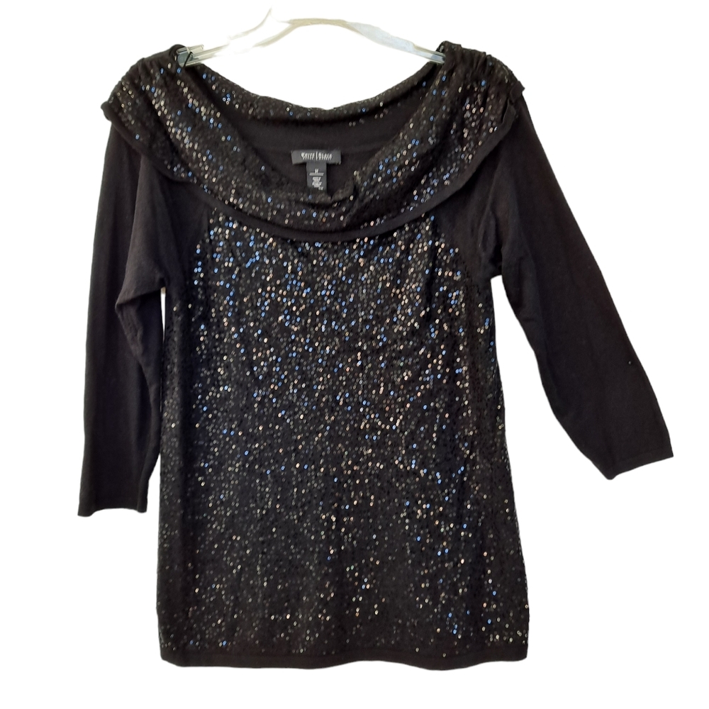 White House Black Market Black Cashmere Blend Sequin Trim Cowl Neck Sweater szM